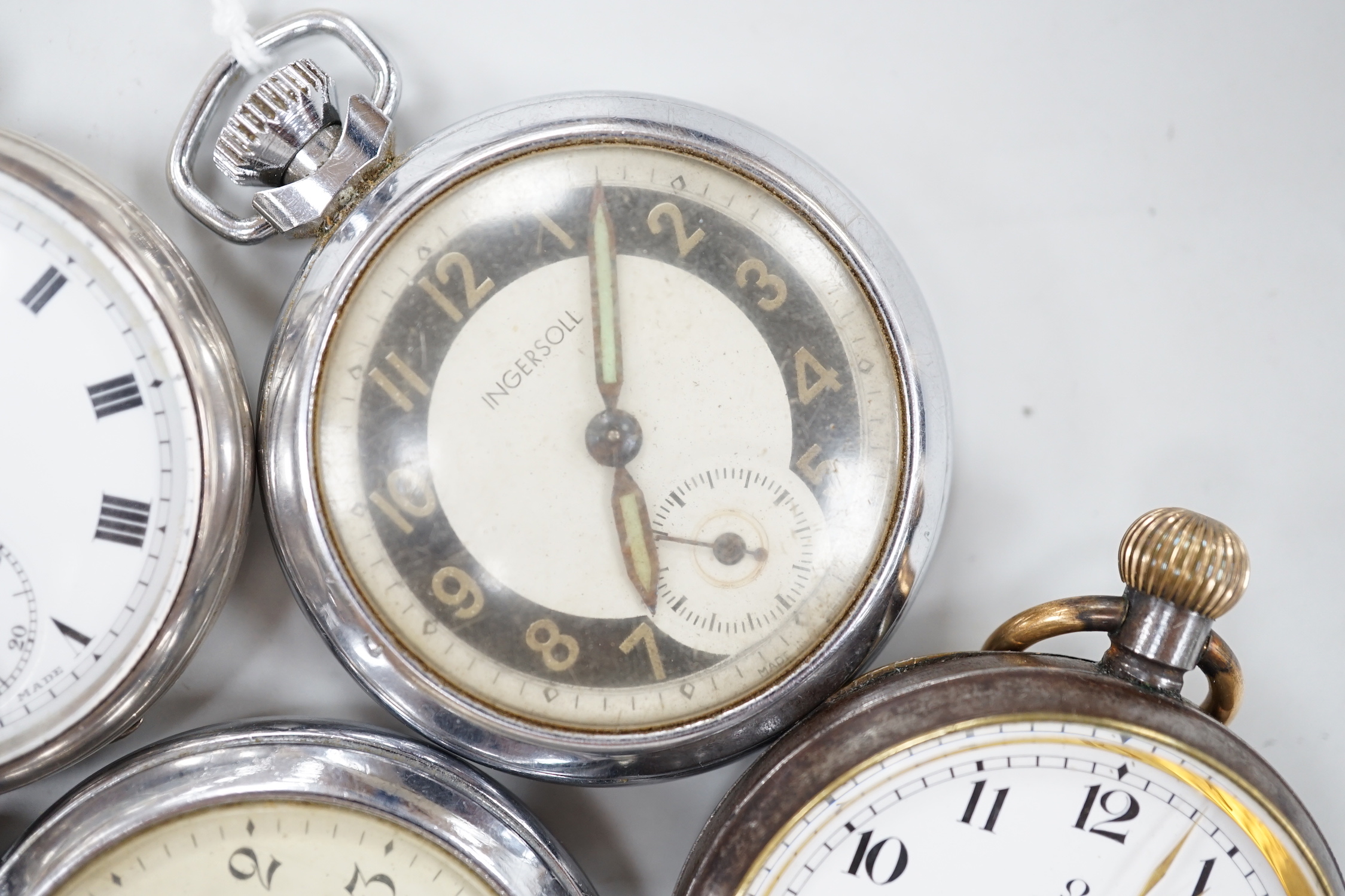 Ten assorted base metal pocket watches including Omega, Waltham and Ingersoll.